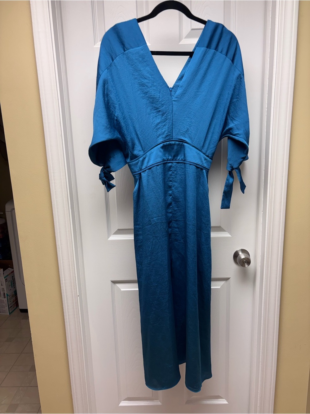 Maje Blue Satin Midi Dress Size 3 | Elegant Tie-Sleeve Occasion Dress